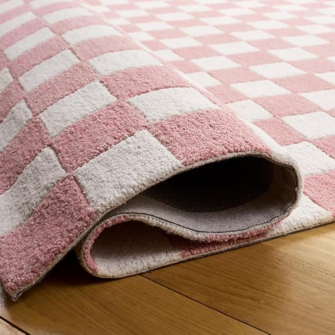 SAFAVIEH Area Rug 6x9 - Ebony Collection - Pink & Ivory, Handmade Wool, Checkered Design, Ideal for Living Room, Bedroom, Dining Space (EBN175U)