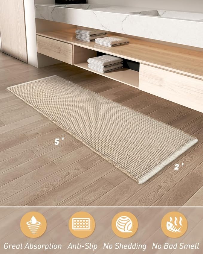 AMOAMI Upgraded Waffle Runner Rug Super Absorbent Non Slip Bath Mats for Bathroom Machine Washable Bathroom Runner Rug with Tassels, Ideal for Hallway Bedroom Laundry Room, 2' x 5', Brown & Cream