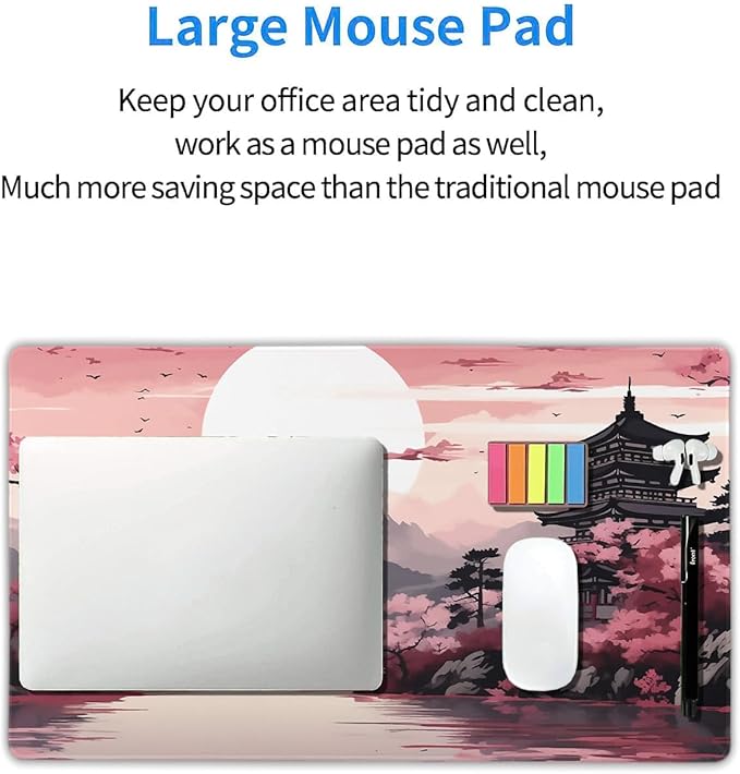 Pink Japanese Sakura Gaming Mouse Pad Large XL Cherry Blossom Tower Mountain Landscape Extended Desk Mat Big Mousepad Non-Slip Rubber Base Stitched Edge Long Desk Pad for Computer,24x14 in,60x35cm