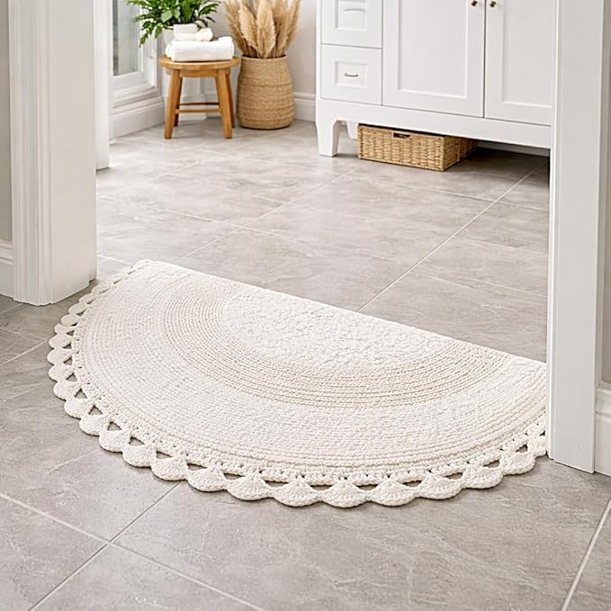 Savi Home Half Moon Circle Bohemian Bathroom Rug with Handwoven Chrochet Border, Beautifully Handcrafted 100% Cotton Mat - 22x42, Half Round Bedroom Rug, Boho Bathroom Décor,Machine Washable -White