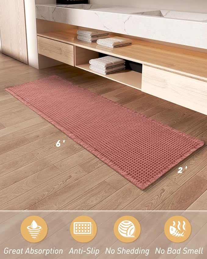 AMOAMI Upgraded Waffle Runner Rug Super Absorbent Non Slip Bath Mats for Bathroom Machine Washable Bathroom Runner Rug with Tassels, Ideal for Hallway Bedroom Laundry Room, Coral, 2'x 6'(24" x 72")