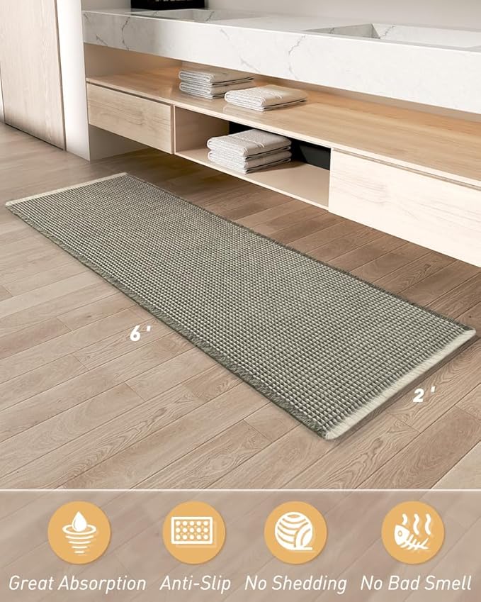 AMOAMI Upgraded Waffle Runner Rug Super Absorbent Non Slip Bath Mats for Bathroom Machine Washable Bathroom Runner Rug with Tassels, Ideal for Hallway Bedroom Laundry Room, 2' x 6', Green & Cream