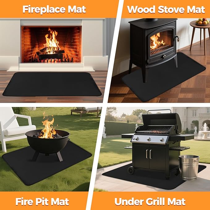 Fireplace Mat, 2'8'' x 4' x 0.04'' Fireplace Rug, Hearth Rug for Wood Stove Fireplace Indoor Outdoor, Thin Fireplace Rugs Fire Resistant Protects Floors Carpets from Sparks Embers, Black