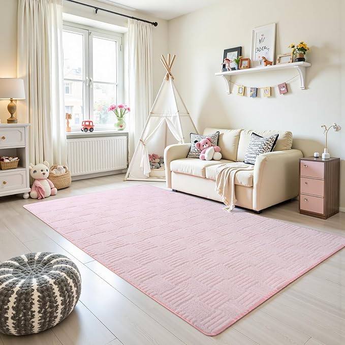 5x7 Pink Washable Shag Area Rug for Girls Bedroom, Modern Geometric Non Slip Living Room Rugs, Fluffy Soft Thick Carpet for Kids Room, Dorm, Office, and Home Decor