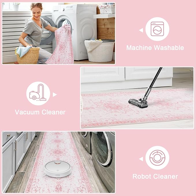 Hallway Runner Rug, 2x6 Washable Pink Area Rug, Honeycomb Non Slip Kitchen Runner Rugs, Soft Faux Wool Carpet for Hallways Entryway Kitchen Laundry Bedroom