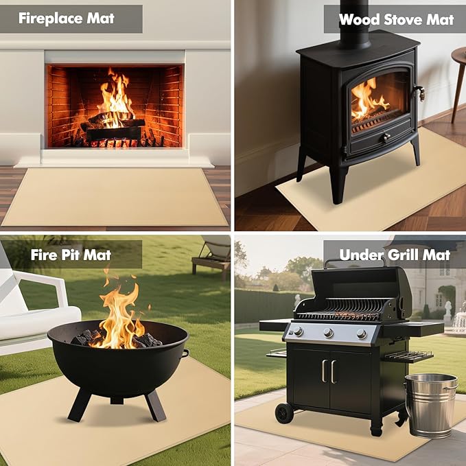 Hearth Rugs for Fireplaces Fire Resistant, 48 x 28 x 0.04 inch Fireproof Fireplace Mat Hearth Rug, Hearth Pads for Wood Stove Fireplace Indoor Outdoor, Protect Floors Carpets from Sparks Embers-Khaki
