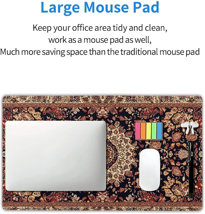 Vintage Rug Gaming Mouse Pad XL Dark Brown Retro Carpet Aesthetic Extended Large Mat Mousepad Desk Pad Non-Slip Rubber Base Stitched Edge Flower Keyboard Pad Playmat for Computer,20x14 Inch,60x35cm