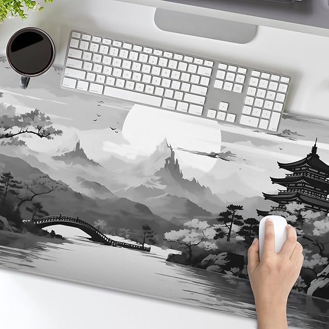 Black Gray Japanese Sakura Gaming Mouse Pad Grey White Cherry Blossom Tower Mountain Aesthetic Extended Large Desk Mat Mousepad Non-Slip Rubber Base Stitched Edge Desk Pad for Desktop,35.4 x 15.7 in