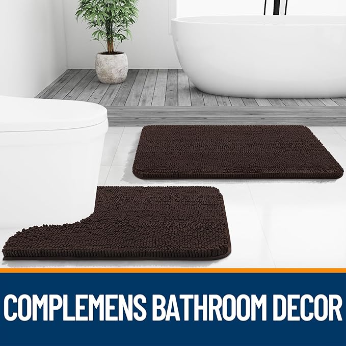 OLANLY Bathroom Rugs Sets 2 Piece, Soft Absorbent Chenille Bath Mats Area Rug Set, Non-Slip, Quick Dry, Machine Washable Bath Mats for Bathroom, Home Decor Accessories (30"x20"+24"x16", Brown)
