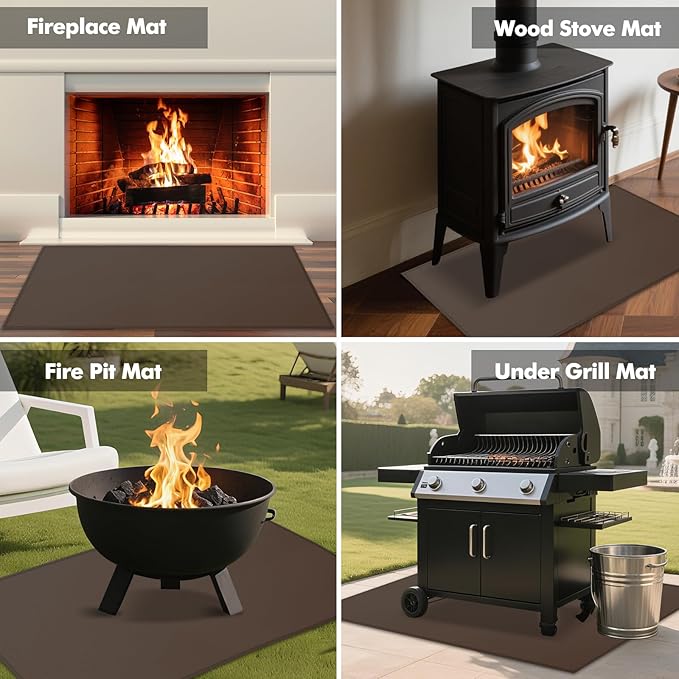 Hearth Rugs for Fireplaces Fire Resistant, 59 x 32 x 0.04 inch Fireproof Fireplace Mat Hearth Rug, Hearth Pads for Wood Stove Fireplace Indoor Outdoor, Protect Floors Carpets from Sparks Embers-Brown