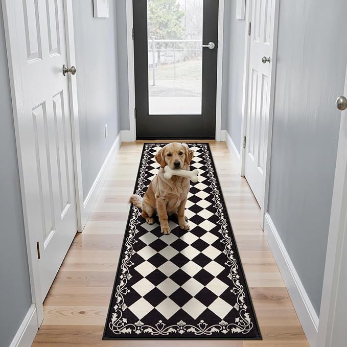 Checkered Kitchen Runner Rug 2x6 Vintage Modern Washable Runners for Hallways Non Slip Low Pile, Moroccan Framhouse Bathroom Runner Fall Brown Print Entryway Laundry Besides Home Decor