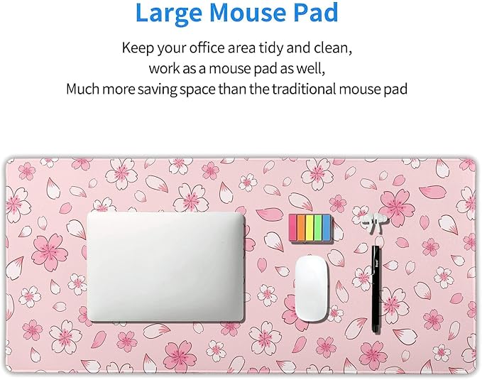 Pink Cherry Blossom Gaming Mouse Pad Extended 3XL Cute Anime Aesthetics Floral Kawaii Flower Large Mousepad Non-Slip Rubber Base Stitched Edge Long Keyboard Desk Mat for Computer,47.2x23.6 In,120x60cm