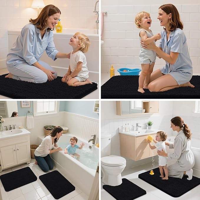 Arotive Bathroom Rugs 36x24, Extra Soft Absorbent Shaggy Chenille Bath Rugs, Machine Washable Rubber Backing Non-Slip Bath Mats for Bathroom Floor Tub and Shower, Home Decor Accessories, Black