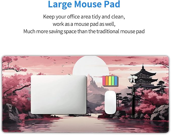 Pink Japanese Sakura Gaming Mouse Pad Extended 3XL Cherry Blossom Tower Mountain Landscape Large Desk Mat Big Mousepad Non-Slip Rubber Base Stitched Edge Long Desk Pad for Gamer,47.2x23.6in,120x60cm