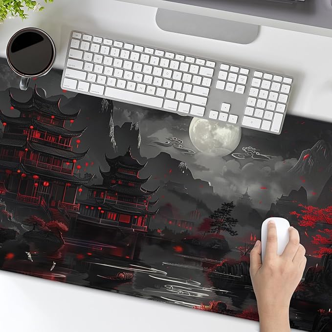 Full Moon Night Gaming Mouse Pad XLBlack Red Mountain Japanese Extended Large Mat Mousepad Desk Pad Non-Slip Rubber Base Stitched Edge Long Keyboard Pad for Computer,31.5×11.8 Inch