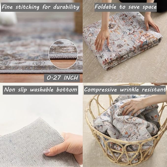 5x7 Washable Foldable Thin Area Rug Tangerine Vintage Rug Traditional Floor Cover Retro Indoor Distressed Non Slip Carpet Floral Print Bedroom Living Room Bathroom Mat