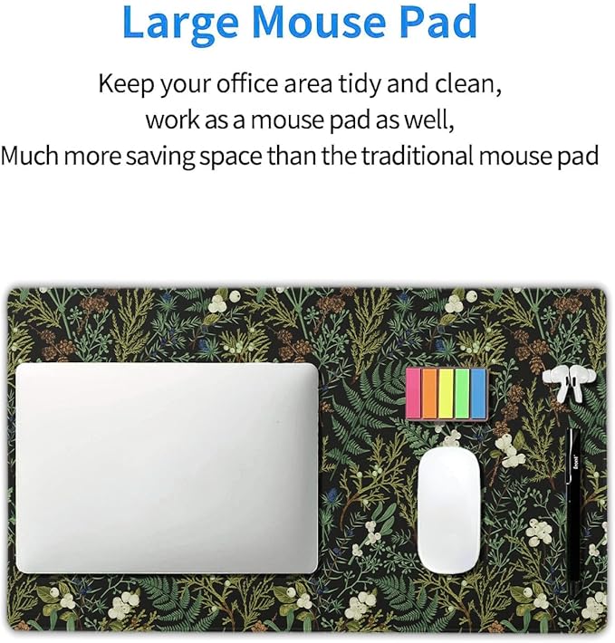 Black Aesthetic Vintage Botanical Gaming Mouse Pad Large XL Cute Forest Green Plant Nature Floral Extended Large Big Mousepad Non-Slip Stitched Edge Long Mat for Desk Computer,24x14 Inch,60x35 CM