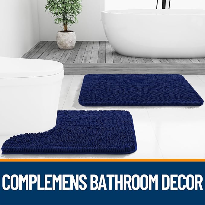 OLANLY Bathroom Rugs Sets 2 Piece, Soft Absorbent Chenille Bath Mats Area Rug Set, Non-Slip, Quick Dry, Machine Washable Bath Mats for Bathroom, Home Decor Accessories (30"x20"+24"x16", Navy)