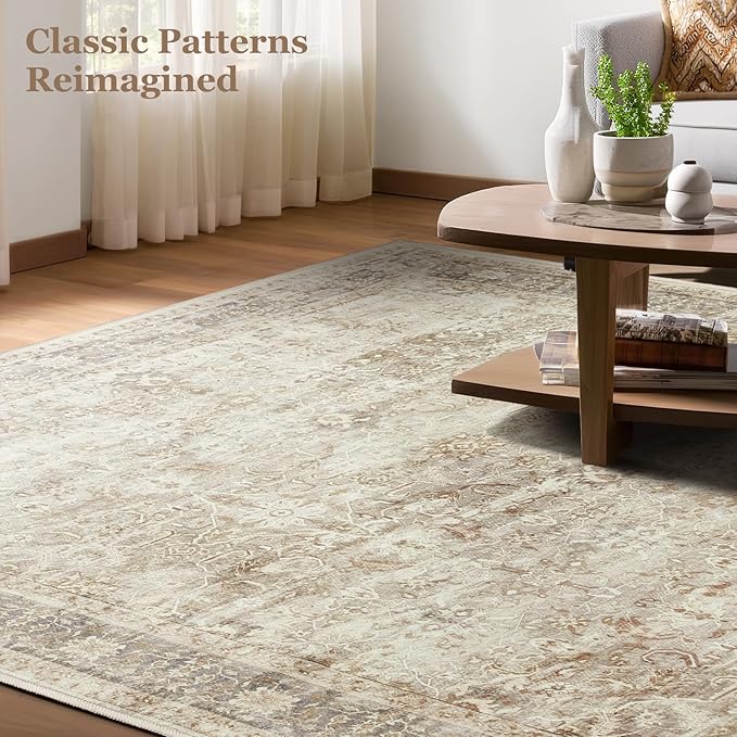 Beige Neutral 2x6 Runner Rug for Hallways Entryway, Vintage Earth Tone Kitchen Bathroom Runner 6ft, Non Slip Washable Low Pile Thin Carpet Runner for Mudroom/Laundry Room/Bedroom Bedside