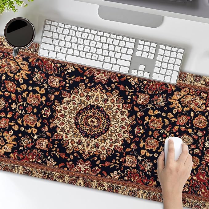 Vintage Rug Gaming Mouse Pad XXL Dark Brown Retro Carpet Aesthetic Extended Large Mat Mousepad Desk Pad Non-Slip Rubber Base Stitched Edge Flower Keyboard Pad Playmat for Computer,35.4×15.7 Inch