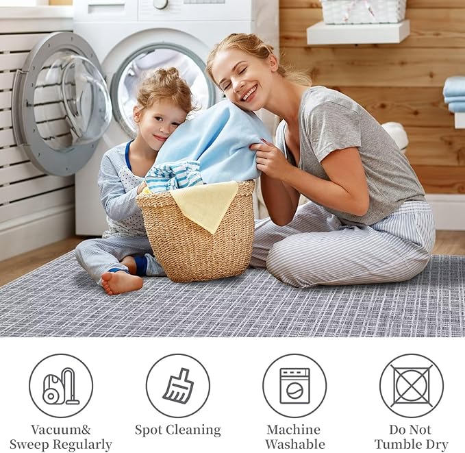 GAOMON 5x7 Washable Rug Non Slip Modern Checkered Rug Soft Faux Wool Floor Carpet Indoor Contemporary Plaid Print Rugs Non Shedding Throw Carpet for Bedroom Living Room Dining Room Office Grey