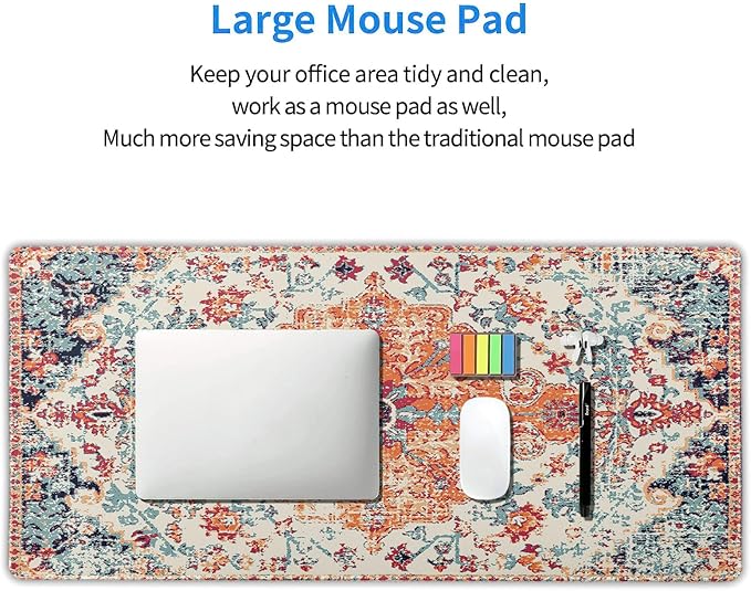 Orange Teal Boho Gaming Mouse Pad Extended 20x14 Inch Rug Carpet Bohemian Retro Large Desk Mat Big Mousepad Non-Slip Rubber Base Stitched Edge Long Desk Pad for Desktop Office PC Gamer,60x35 cm