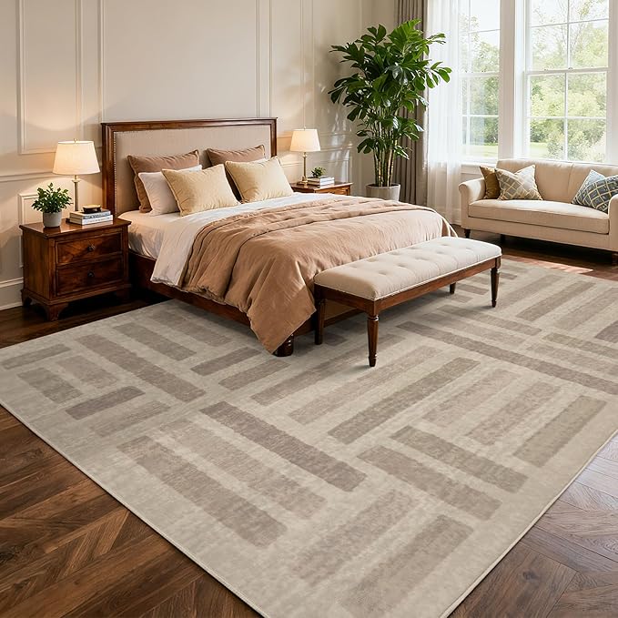 Washable Area Rugs, 8x10ft Soft Rug for Living Room and Bedroom Vintage Striped Rug Stain Resistant with Non Slip Backing Geometric Checkered Foldable Print Mat for Home Decor