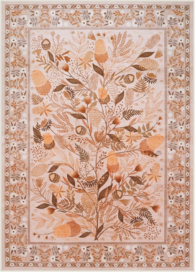 Anidaroel Machine Washable Rugs for Living Room 5x7, Brown Botanical Large Area Rug, Stain Resistant Dining Room Rugs for Under Table, Non Slip Soft Bedroom Rug Indoor Carpet for Dorm