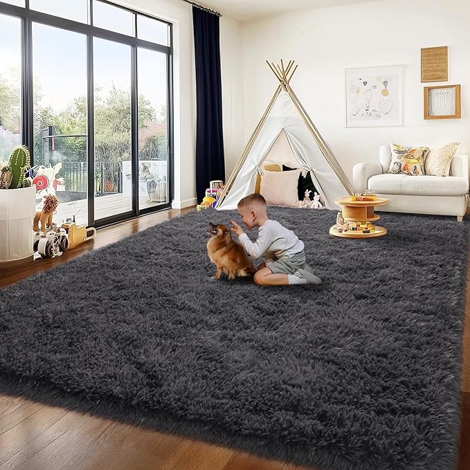 Shag Rugs 4x6 for Bedroom Living Room Dorm, Fluffy Shaggy Plush Area Rug Non-Slip Washable Floor Carpet for Bedside Playroom Nursery Girls Boys Room, Anthracite Gray