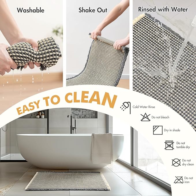 MIULEE Set of 2 Waffle Bathroom Runner Rugs, Boho Bath Rugs Non Slip Washable, Super Absorbent Runner Bath Mats, Rubber Backed, Ideal for Hallway Laundry Room, Dark Grey & Yellow, 2'x6'(24x72 Inch)