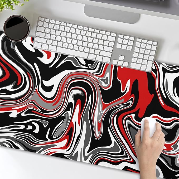 aportt Black Red Swirl Gaming Mouse Pad XL Gray Marble Grey Fluid Design Extended Large Mat Mousepad Desk Pad Non-Slip Rubber Base Stitched Edge Long Keyboard Pad for Computer,31.5×11.8 Inch