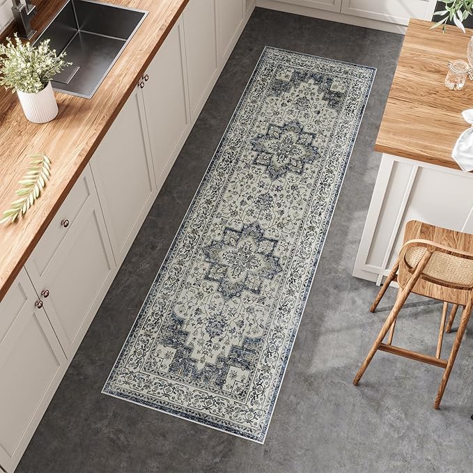 Dripex Vintage Runner Rug-2x8 Washable Distressed Hallway Runner Oriental Medallion Carpet Non-Slip Stain-Resistant Kitchen Mat Foldable Thin Accent Rug for Entrance Living Room Bedroom