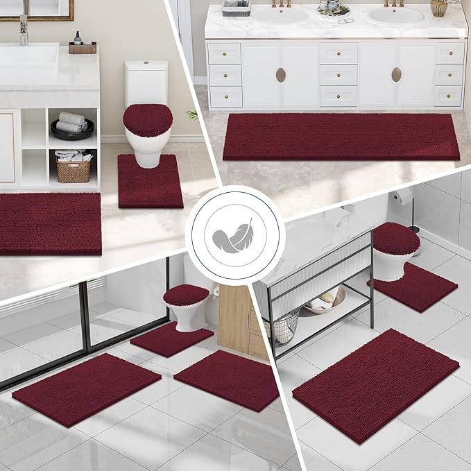 Smiry Luxury Chenille Bathroom Rugs 30x20, Extra Soft and Absorbent Shaggy Bath Mat, Machine Washable, Non-Slip Plush Carpet Runner for Tub, Shower, and Floor, Home Decor Accessories, Burgundy