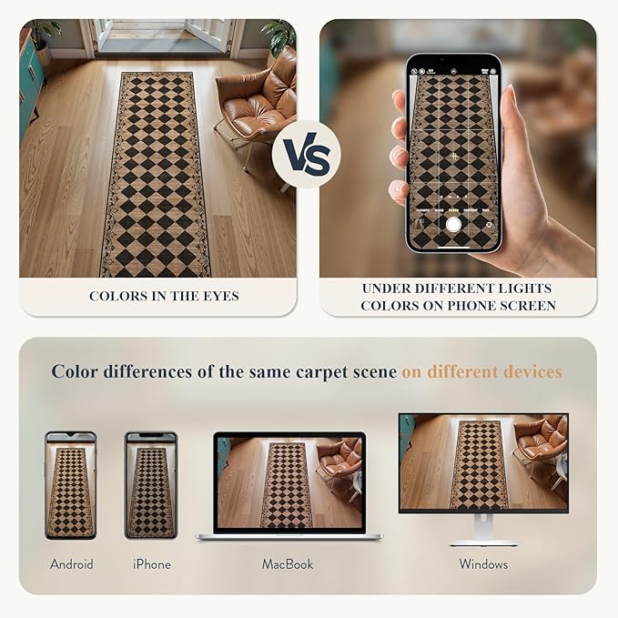 Beeiva Checkered Hallway Runner Rug 2.5x8 Vintage Kitchen Runner Rugs Non Skid Washable 8ft, Stain Resistant Ultra Thin Entryway Decor Framhouse Fall Diamond Carpet for Bathroom Besides (Brown/Black)