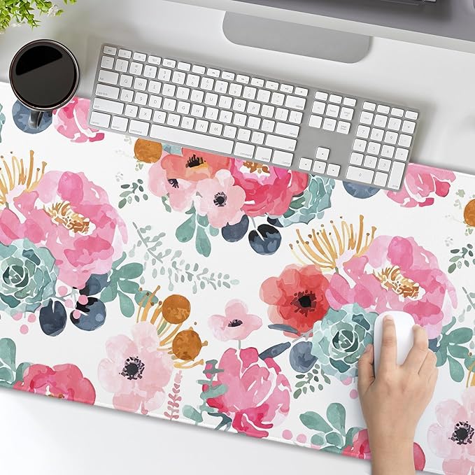 Pink Green Flowers Gaming Mouse Pad XL Cute Watercolor Floral Pretty Extended Desk Pad Trendy Pastel Big Large Mousepad Non-Slip Rubber Base Stitched Edge Long Table Mat for Desktop, 31.5 x 11.8 inch