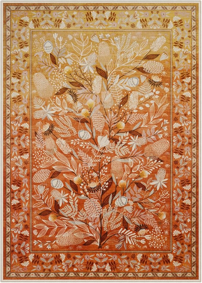 Anidaroel Washable Area Rugs 5x7, Botanical Floral Rugs for Living Room, Non-Slip Soft Rugs for Bedroom Modern Abstract Rug, Stain Resistant Accent Floor Carpet for Office Dining Room, Orange