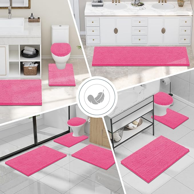 Smiry Luxury Chenille Bathroom Rugs 34x21, Extra Soft and Absorbent Shaggy Bath Mat, Machine Washable, Non-Slip Plush Carpet Runner for Tub, Shower, and Floor, Home Decor Accessories, Hot Pink