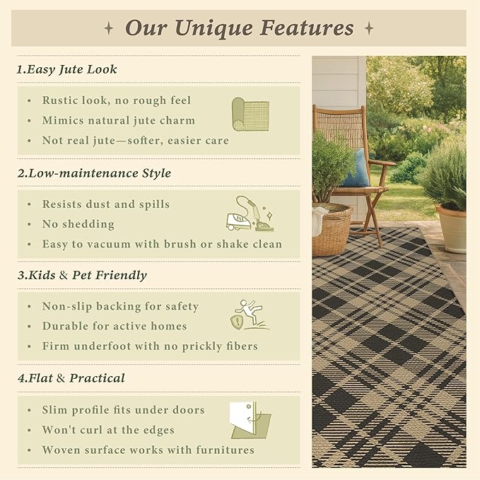 JTJ Vintage Indoor Entrance 2x4 Runner Rug - Easy Jute Woven Throw Rug for Indoor Outdoor Area, Non Slip Washable Kitchen Mat, Low Pile Black and White Geometric Aesthetic Decor