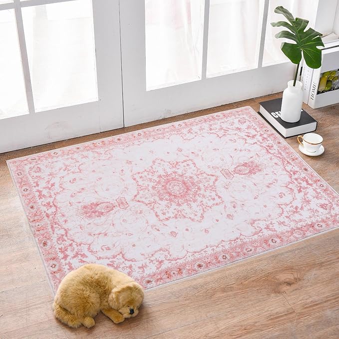 2x3 Entryway Rug, Honeycomb Non Slip Indoor Door Mat, Washable Small Area Rug, Vintage Floral Pink Rug for Bedroom Kitchen Entryway Bathroom