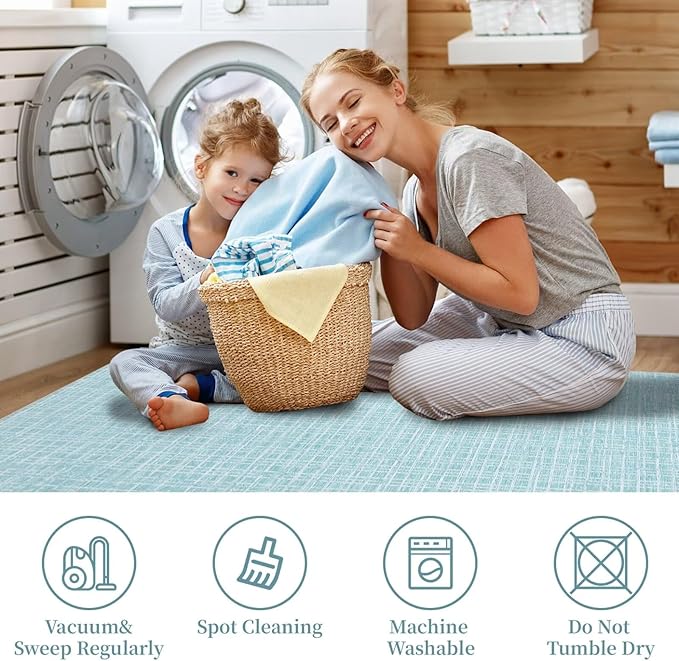 GAOMON 9x12 Washable Modern Checkered Area Rug Indoor Plaid Print Floor Cover Soft Faux Wool Throw Carpet Aesthetic Foldable Thin Non-Slip Accent for Living Room Bedroom Teal
