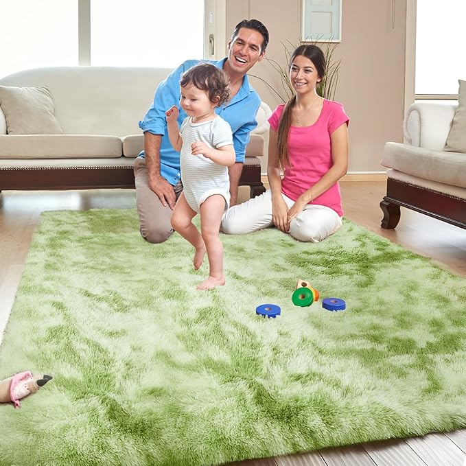 OPPODREAM Area Rug for Living Room, Ultra Soft Nursery Rugs for Bedrooms, 4x6 Fluffy Kids Carpet with 0.6" Thick Non-Slip Backing, Long Pile Shag Carpet, Fuzzy, Shaggy, Tie-dye Light Green & Green