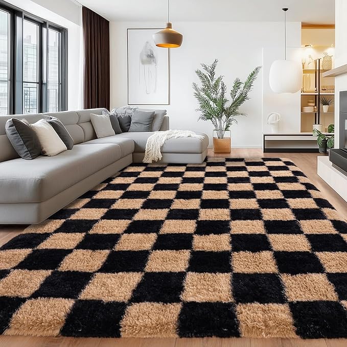 Checkered Rug 4x6 for Bedroom, Fluffy Plush Area Rug Non Slip, Modern Indoor Shag Rugs for Living Room Girls Kids Room Nursery Dorm Home Decor, Black and Beige