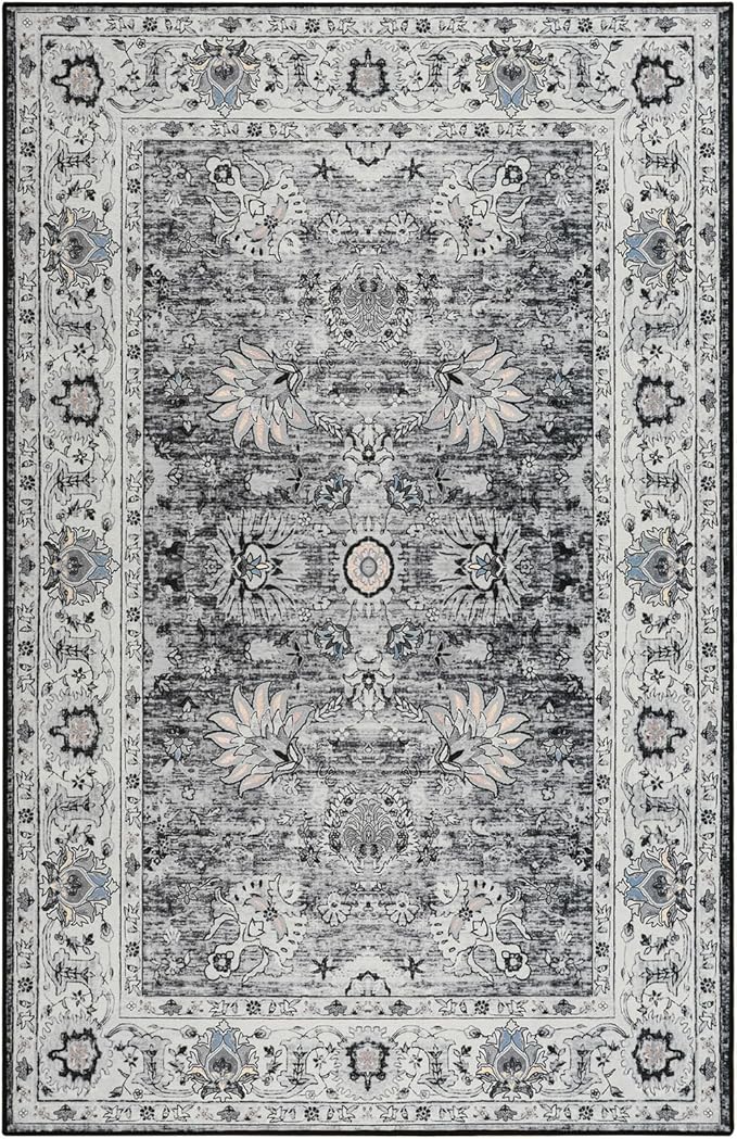 Area Rug 5x7 Washable Rug Grey Boho Rugs for Living Room Bedroom Playroom, Non Slip Low Pile Vintage Rug Floral Print Mat for Dining Room Home Office Christmas Rugs