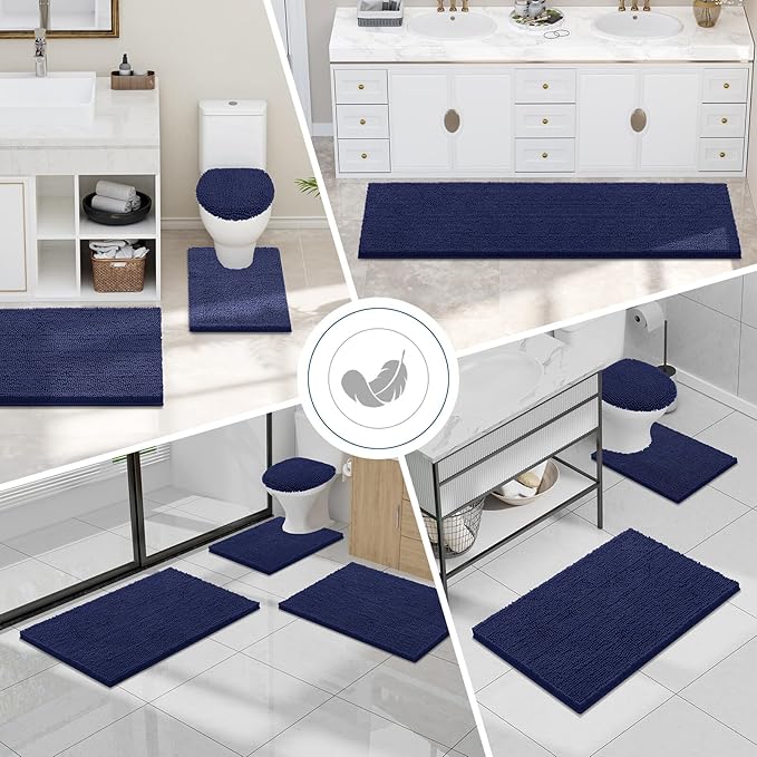 Smiry Luxury Chenille Bathroom Rugs 30x20, Extra Soft and Absorbent Shaggy Bath Mat, Machine Washable, Non-Slip Plush Carpet Runner for Tub, Shower, and Floor, Home Decor Accessories, Navy Blue