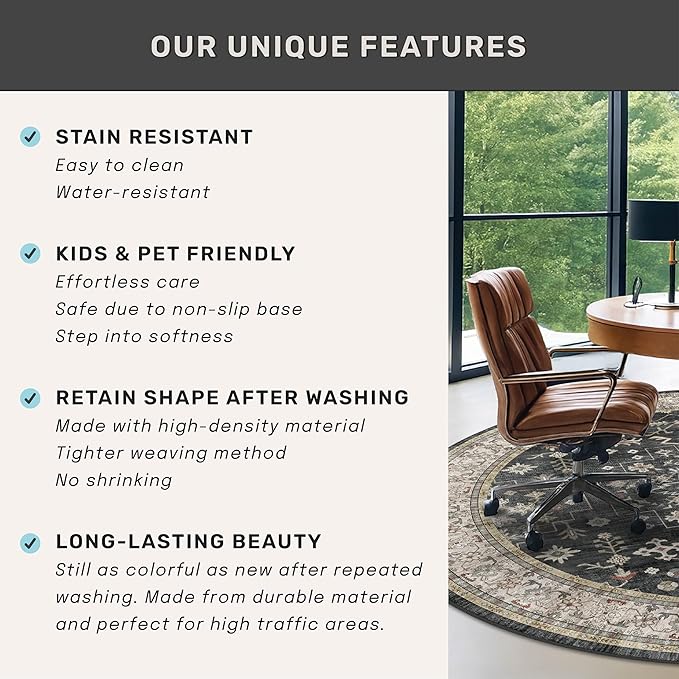 10ft Round Washable Rug - Large Area Rug for Living Room, Dining Room, Black Soft Farmhouse Bedroom Carpet with Geometric Floral Pattern, Modern Boho Décor, Low Pile & Soft Stain Resistant