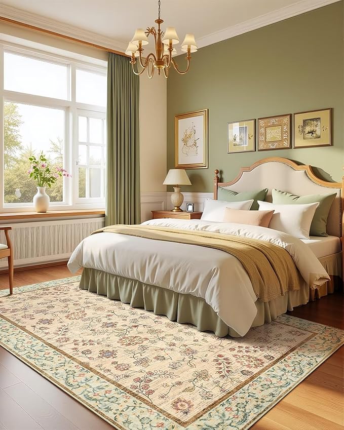 6x9 Area Rugs for Living Room, Boho Washable Bedroom Rug, Vintage Floral Non Slip Rugs, Soft Low Pile Carpet for Kitchen Dining Room Office Farmhouse, Beige/Green