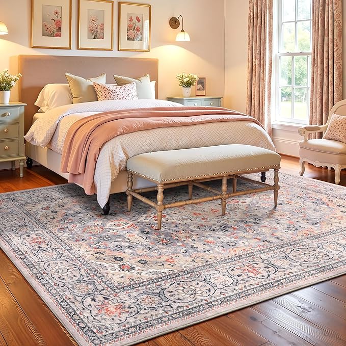 5x7 Washable Boho Area Rug for Bedroom, Vintage Floral Non Slip Living Room Rugs, Soft Low Pile Indoor Mat, Aesthetic Pattern Carpet for Kitchen and Dining Room, Beige/Multi