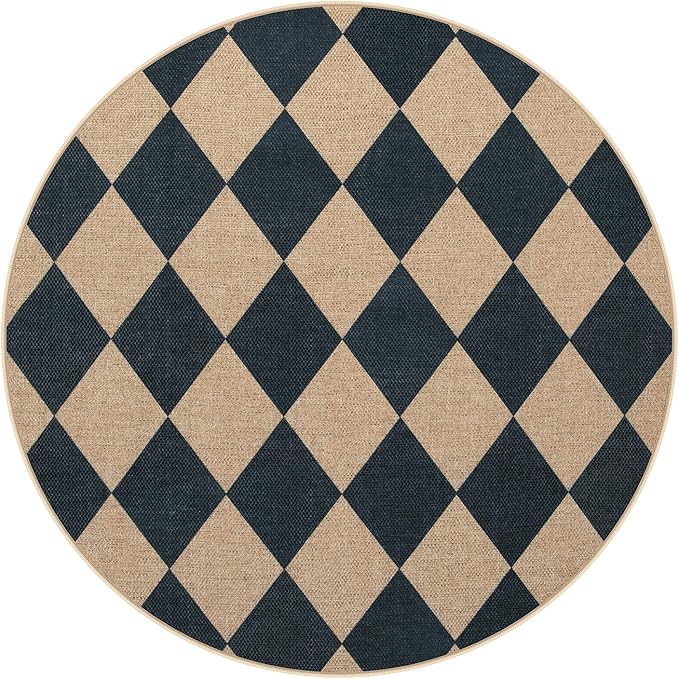 Lahome Checkered Round Rug 3ft, Circle Indoor Outdoor Entryway Patio Rug Washable Easy Jute Rug, Farmhouse Non Slip Small Round Rugs for Bedroom Porch Living Room Decor