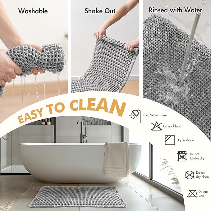 MIULEE Set of 2 Waffle Bathroom Runner Rugs, Boho Bath Rugs Non Slip Washable, Super Absorbent Bath Mats, Rubber Backed Shower Mats for Hallway Bedroom Laundry Room, Light Grey, 2'x4'(24x48 Inch)