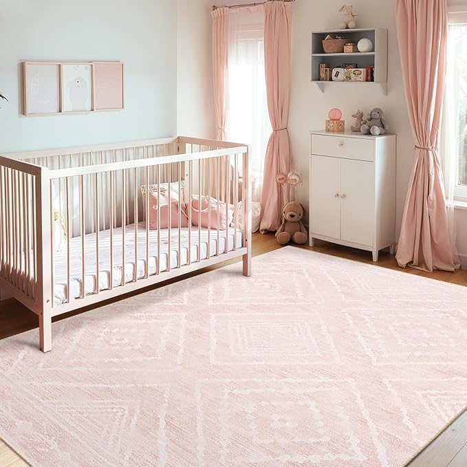 Area Rug 6x9 Rug Machine Washable Non-Slip Low Pile Print Pattern Western Rug for Living Room Bedroom Entryway Tribal Series -Light Pink/Cream